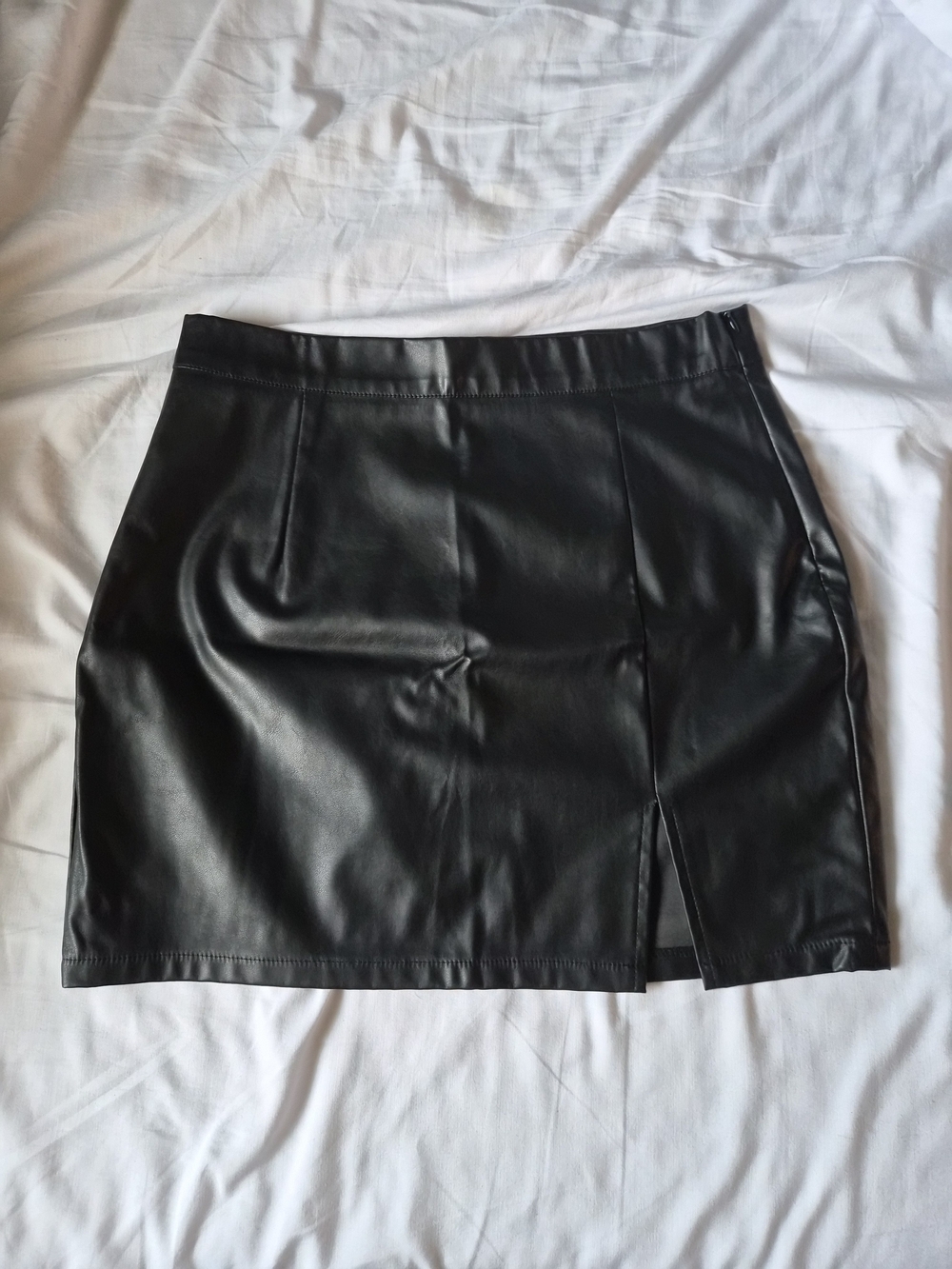 Black Faux Leather Mini Skirt with Side Slit